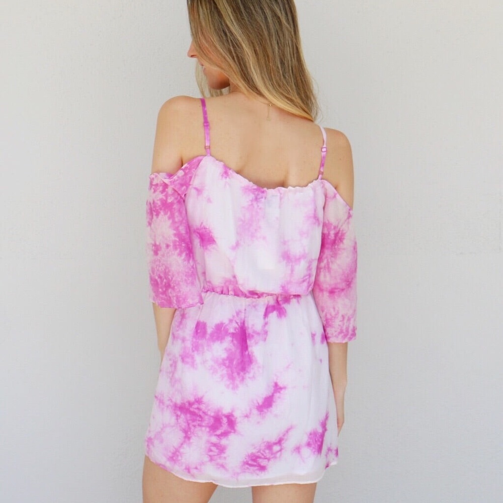 New! Clearance 🔥 Pink Cold Shoulder Tie Dye mid Elastic Dress - Picture 7 of 8